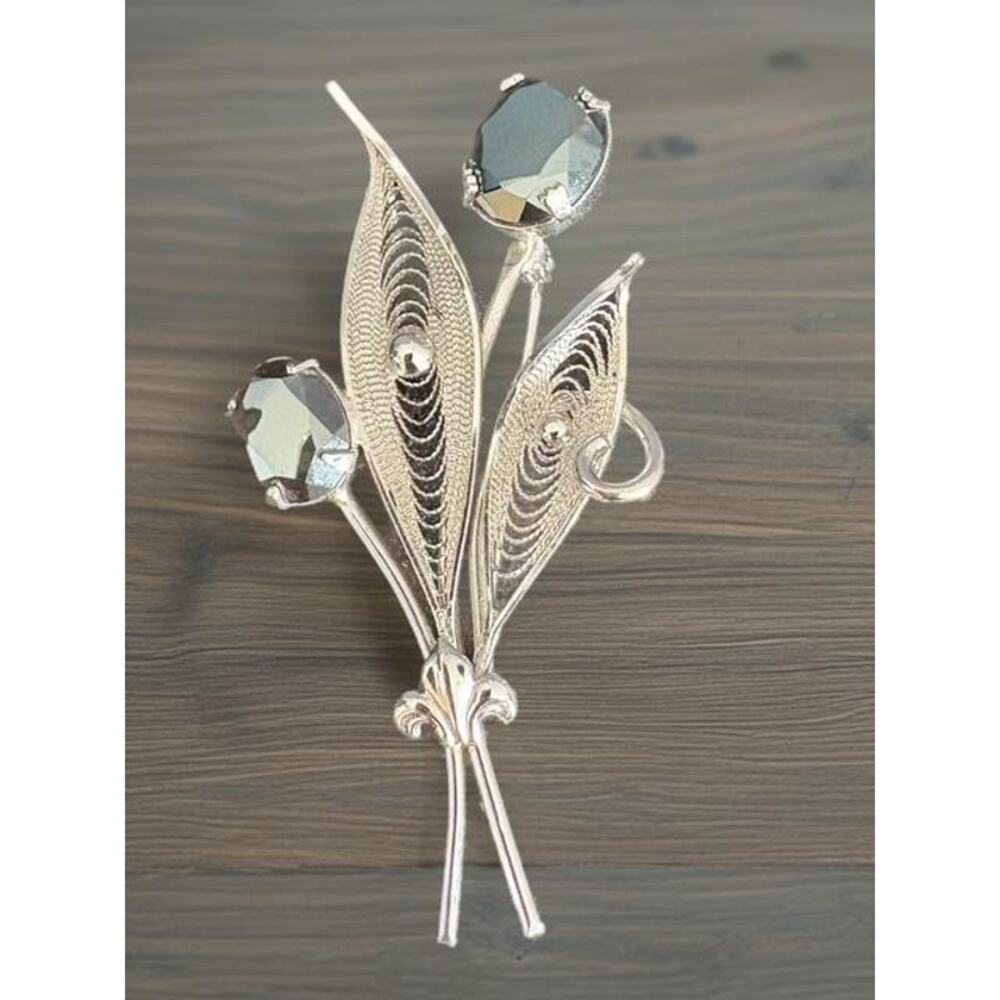 SORRENTO Sterling  Antique Real Hematite Floral Filigree Brooch